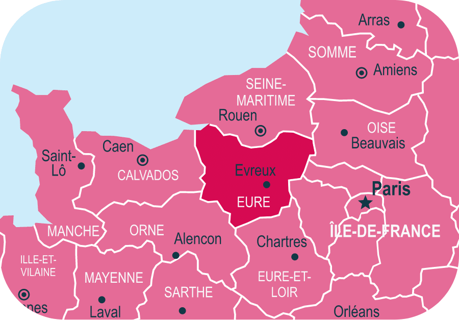 Carte du Nord de la France avec l'Eure mise en avant